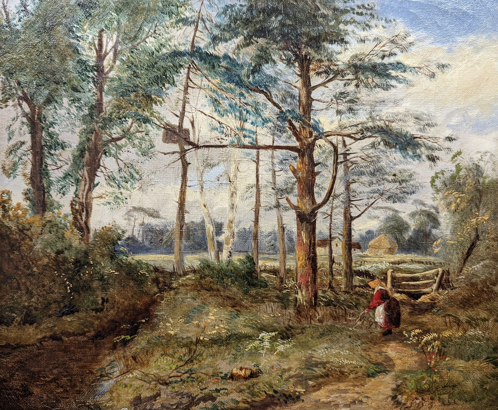 19th century English School, oil on canvas, Woodland scene with faggot gatherer, 25 x 30cm